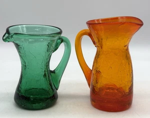 2 Vintage Green & Orange Crackle Glass Small Pitchers Hand Blown - Picture 1 of 10