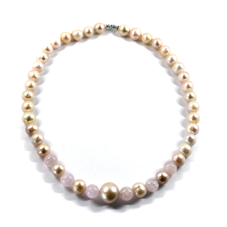 COLLANA ORO BIANCO 18K, CON PERLE ROSA ACQUA DOLCE 10-14 MM E SFERE DI QUARZO - Immagine 1 di 4