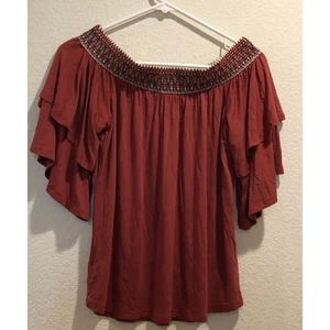 Boston Proper Brick Red Embroidered Off The Shoulder Ruffle Blouse Size S - Picture 1 of 6