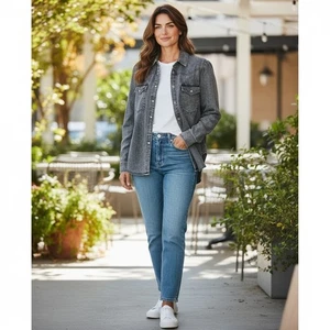 GAP Denim Western Shirt Women's Large Grey Wash Pearl Snap Front Long Sleeve - Picture 1 of 9