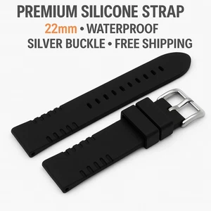 Premium 22mm Silicone Dive Strap Silver Buckle,Waterproof, 2 Loops Free Shipping - Imagen 1 de 6