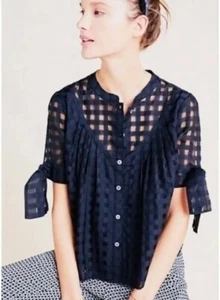 Anthropologie Current Air Blouse Blue Window Pane Button Up Short Sleeve Size M - Picture 1 of 12