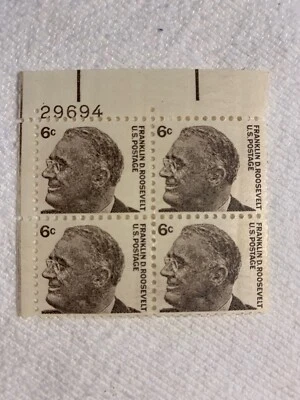 Franklin D Roosevelt 6 Cent Stamp PLATE BLOCK, MNH - Image 1 of 2