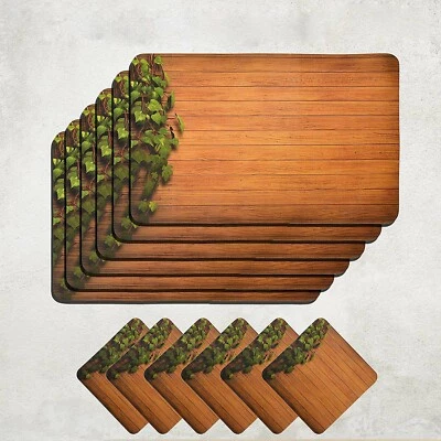 Wooden Style PVC Dining Table Placemats With Table Coasters Brown 6 Piece US - Image 1 of 4