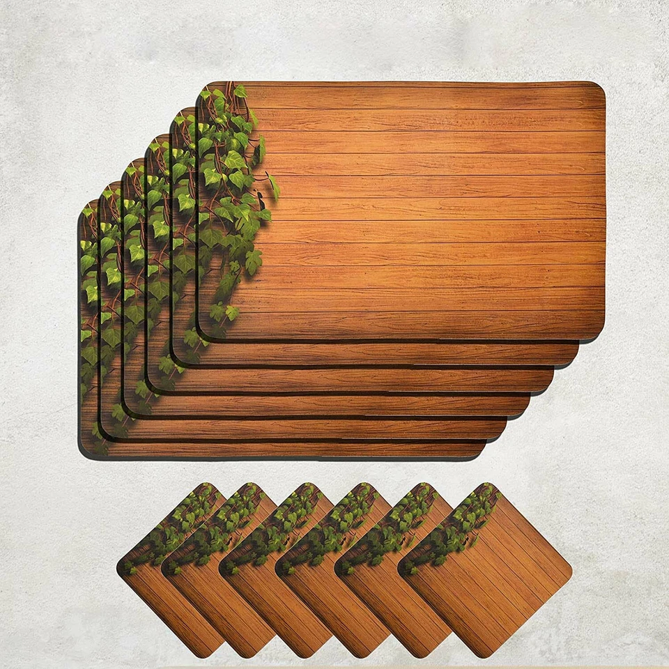 Wooden Style PVC Dining Table Placemats With Table Coasters Brown 6 Piece US - Image 1 of 4