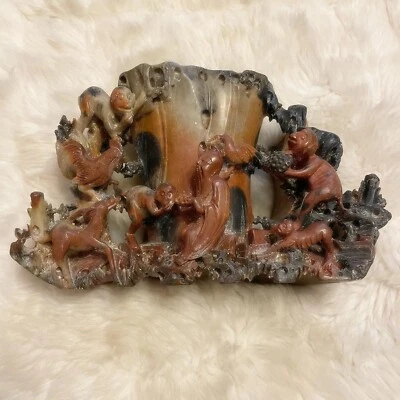 Антикварная китайская витрина из цельного мыльного камня для бессмертного кормления обезьян оленей - Изображение 1 из 4