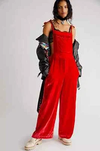 FREE PEOPLE EVA VELVET OVERALL WIDE LEG DUNGAREES RED Size S RRP £148 - Picture 1 of 5