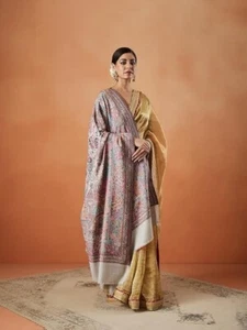Luxury Women's Pashmina Floral Shawl Wool Blend Kashmiri Stole Wrap Light Gray - Picture 1 of 7