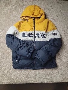Rare Men's Levis Spell out Puffer Jacket Yellow White Blue Colorblock MEDIUM - Picture 1 of 20