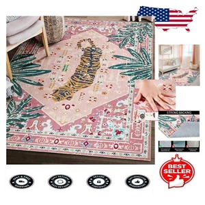 Stylish Washable Pink Area Rug with Tropical Jungle Design - 6'x9' Indoor Carpet - Picture 1 of 8