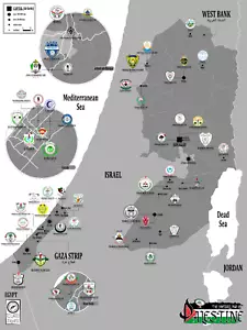 PALESTINE Football Clubs Map. Poster. Cartography. (30 x 40 cm). - Foto 1 di 1