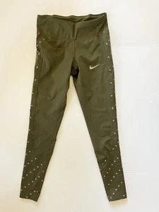 Nike Women's Leggings Sz XS Dri-Fit Olive Army Green Silver Polka Dot Pockets - Picture 1 of 8