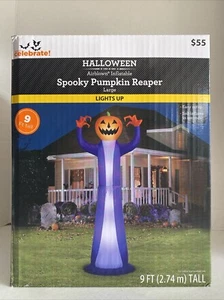 Gemmy Halloween 9 pies Iluminado Grande Espeluznante Segador de Calabaza Inflable Soplado por Aire - Imagen 1 de 9