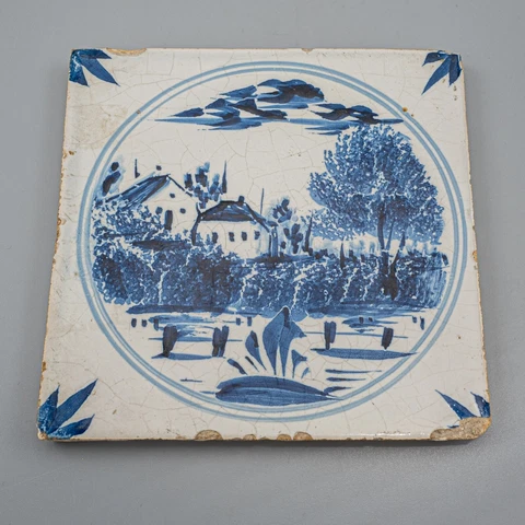 Antique Delft Tile Blue Farm House Country Tree Landscape 5 1/8" FREE USA SHIP Cover
