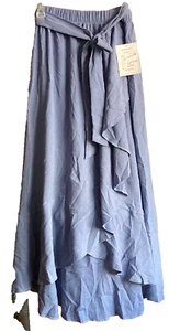 Women's sz. M High Low Flare skirt Elastic Waist Belted Crumple blue fabric NEW - Picture 1 of 5