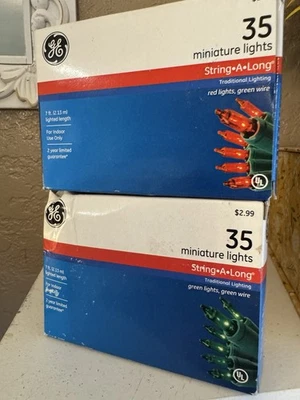 2 BOXES GE 35 Miniature Christmas Lights One String RED One GREEN NEW 7' A++ - Image 1 of 4