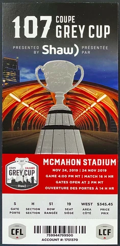 2019 CFL Grey Cup Football Ticket McMahon Stadium Calgary Winnipeg vs Hamilton Cover