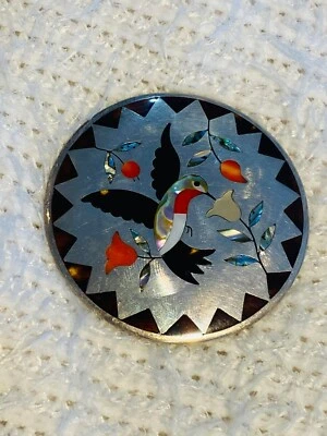 Native American Zuni Dennis Edaakie Signed Sterling Inlay Hummingbird Pin Brooch - Image 1 of 3