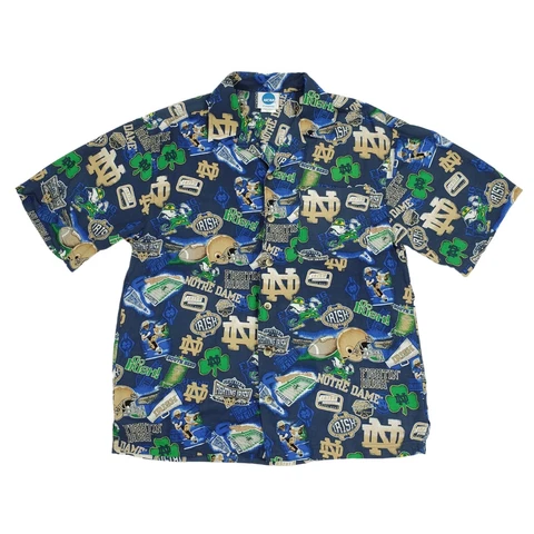 Notre Dame Shirt Mens Medium NCAA Football All Over Print Short Sleeve Button Up Cover