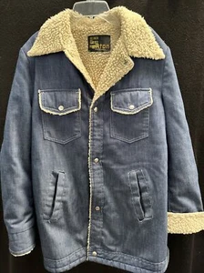 Vtg 70s Silton Sherpa Lined Denim Long Jacket~Medium~Button Snap - Picture 1 of 9