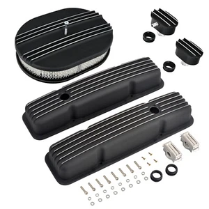 Black Short Valve Cover & 12" Air Cleaner & Breather For SBC Chevy 327 350 58-86 - Picture 1 of 12