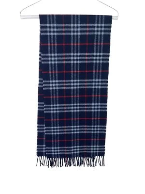 Burberrys Scarf Vintage Womens One Size Blue Check Pure Lambswool Fringe England - Image 1 of 4