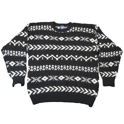Vtg Gap Wool Sweater Mens XL Black White Nordic Geometric Pullover Cabincore Ski - Image 1 of 4