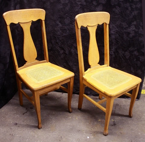 Pair Vintage Antique Old Oak Wood Wooden Fiddle Bck Side Dining Chair Caned Seat Cover