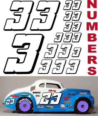 WHITE w/Black (#3's) Racing Numbers Decal Sticker Sheet 1/8-1/10-1/12 TRAXXAS  - Image 1 of 4