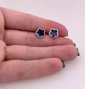 Women's Clover Flower Stud Earrings Blue Enamel Real 925 Yellow Sterling Silver - Picture 1 of 7