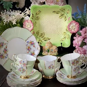 Imperial 22kt Tea Set Green & Pink Floral Shorter & Sons Bowl & Lilliput Lane - Picture 1 of 18