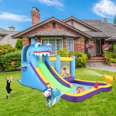 Aufblasbare Hüpfburg Springburg Spielburg mit Rutsche Basketballkorb Wasserbecke - Bild 1 von 4