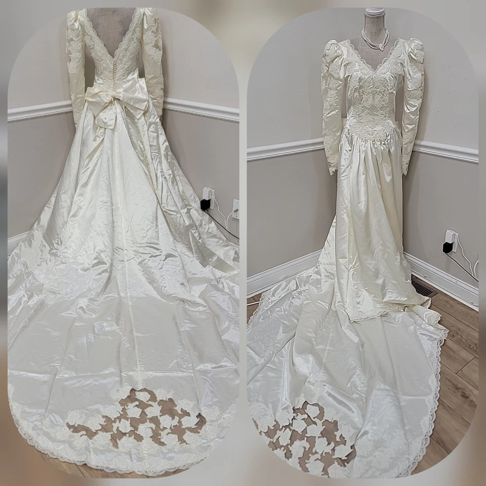 Vestido de novia de encaje satinado de colección de los años 80 tren largo lazo espalda manga hinchada nupcial W13 Foto 1 de 4