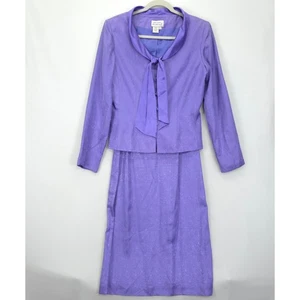 Adrianna Papell Silk Skirt Suit Set Purple Textured Tie Neck Career Wear VTG 90 - Picture 1 of 14