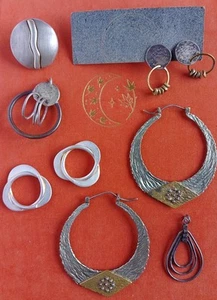Sterling Silver Artisian Lot Earrings Ring Pendant Modern Contemporary Textured - Picture 1 of 15