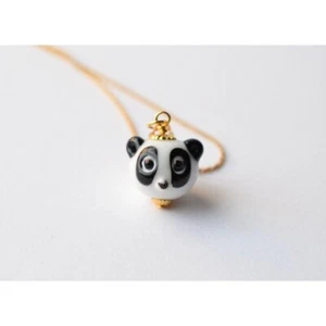 Handmade Panda Charm Necklace Lampwork Glass Cute Baby Panda Bead Necklace 23" - Picture 1 of 2
