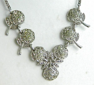 FABULOUS VINTAGE STERLING ROSE FLOWER 15" MARCASITE NECKLACE - Picture 1 of 4