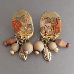 Ethnic Design Hand Carved Beaded Earrings Earth Tones Wood Beads Lightweight  - Picture 1 of 4