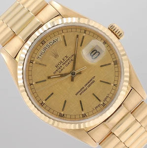 Rolex Mens Day-Date 36mm 18KY Gold Champagne Linen Dial Fluted President 18038 - Picture 1 of 12
