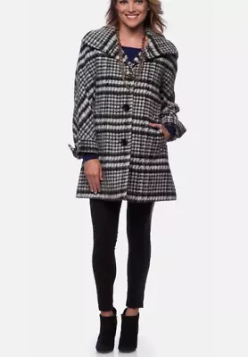 ELLEN TRACY Brushed Plaid Wool Blend Coat Black/White Size 8 - Image 1 of 4