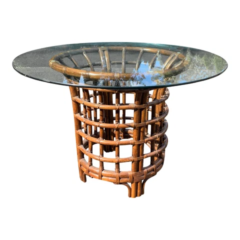 Vintage 1980s Antique Boho Chic Modern Rattan & Wicker Glass Top Dining Table Cover