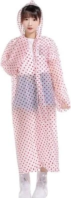 Polka Dots Long Raincoat Red Color With Hooded & Button Free Size Unisex 1pcs - Image 1 of 4