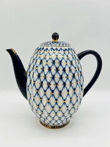 🍵 Russische Lomonossow Teekanne Kobalt Netz Gold Vintage USSR LFZ 19cm 🌟 - Bild 1 von 7