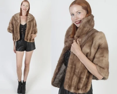 Vtg 60s Brown Mink Stole Fur Under Collar Wedding Shawl Bridal Bolero Cape Wrap - Image 1 of 4