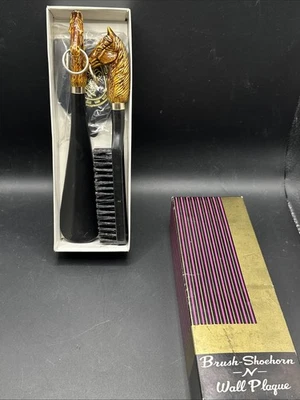 Juego de cepillo y cuerno de zapato con cabeza de caballo vintage Japón años 60 negro dorado 8 pulgadas Foto 1 de 4