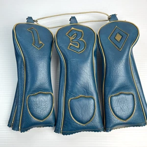 Cubiertas de cabeza de palos de golf vintage de vinilo de cuero sintético azul con tubería dorada - Imagen 1 de 5