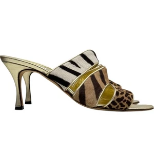 Manolo Blahnik Sandalia Mula Correa Leopardo 38 Mujer Pelo de becerro Dorado Marrón Stiletto - Imagen 1 de 12