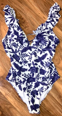 NEW TAGS CUPSHE Tummy Contouring Navy Blue & White  1 Piece Swim Suit Size XL - Image 1 of 4