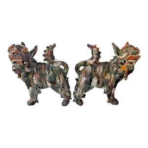 Antike frühe chinesische Sancai glasiertes Porzellan Foo Hund Löwe Statue Paar - Bild 1 von 16