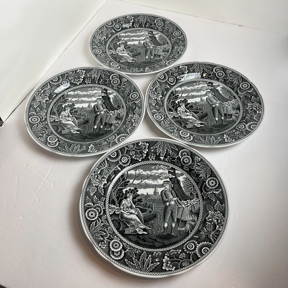 4 шт обеденных тарелки Spode Georgian Series Woodman 10 дюймов черные S3480-W Англия б/у в отличном состоянии - Изображение 1 из 4